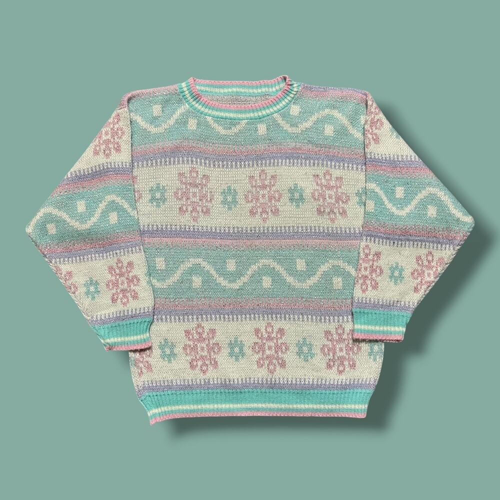 Vintage 80s Pastel Sweater Sparkle Knit Kawaii Crewneck Pullover Children Medium